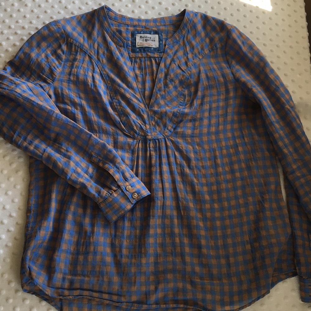 Holding Horses Gingham Blouse Sz 4 blue brown - Picture 2 of 7